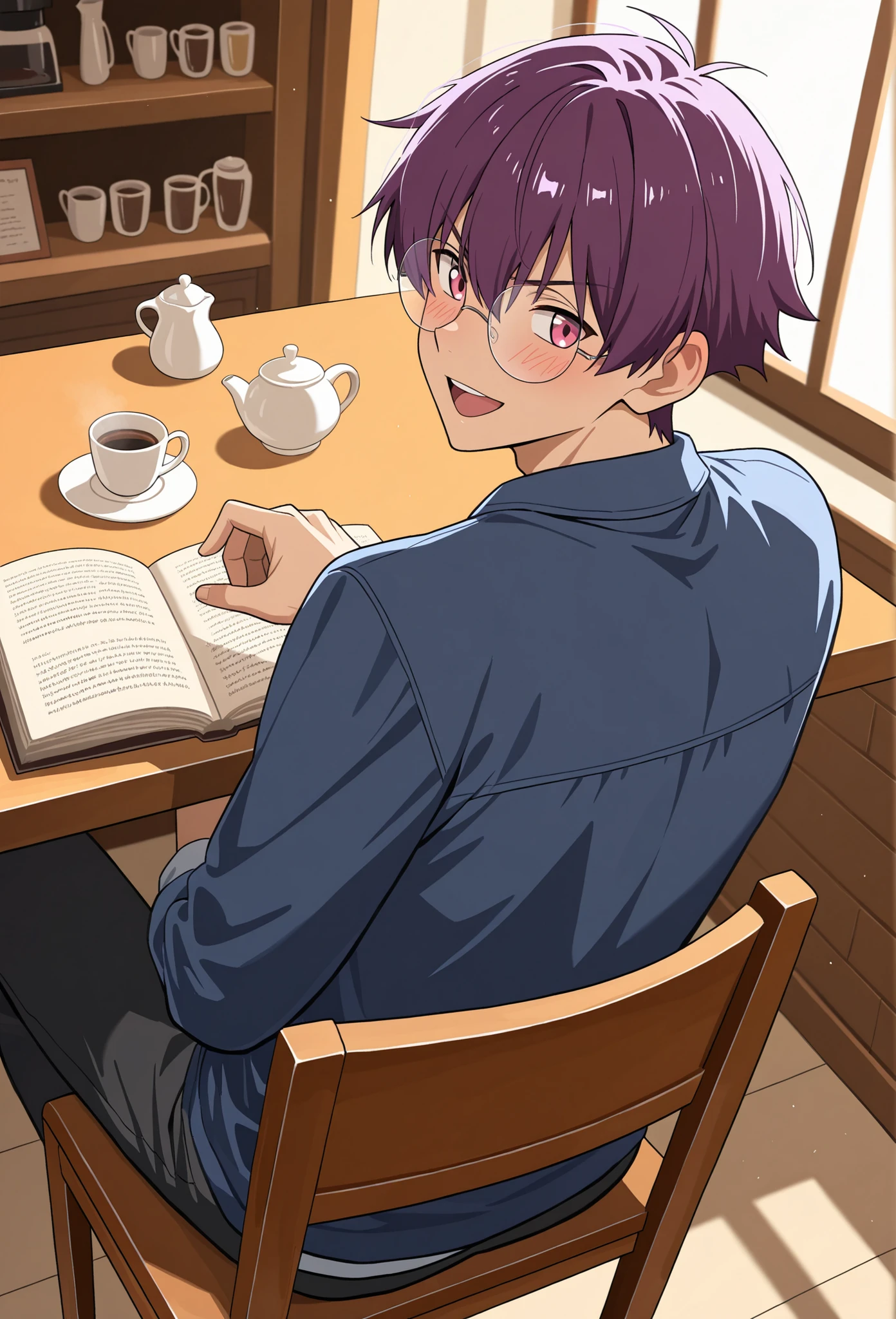 1boy, male focus, ager, short hair, purple hair, v-shaped eyebrows, pink eyes, round eyewear, casual, blush, smile, open mouth, sitting, on chair, open book, saucer, coffee mug, coffee, sugar bowl, creamer (vessel), cafe, indoors, cowboy shot, from above, from behind, looking back, Visual Anime, anime coloring, 8k, digital art, source anime, score_9_up, general, masterpiece, best quality, very aesthetic, absurdres, newest, amazing quality, high resolution, ultra-detailed, newest, volumetric lighting, depth of field, scenery, extreamly detailed