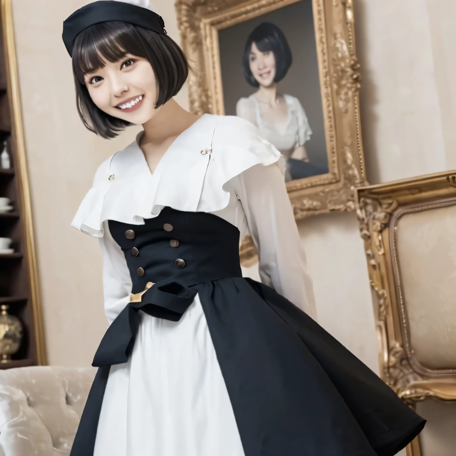 A breathtakingly beautiful 20-year-old woman stands in an opulent mansion room, dressed in a classic black-and-white maid outfit with a short hem and a white brim cap. Her confident smile radiates warmth. The room features elegant furnishings and decor befitting a grand estate, bathed in soft, natural lighting that enhances the sophisticated ambiance. bob haircut, black hair, dark eyes.