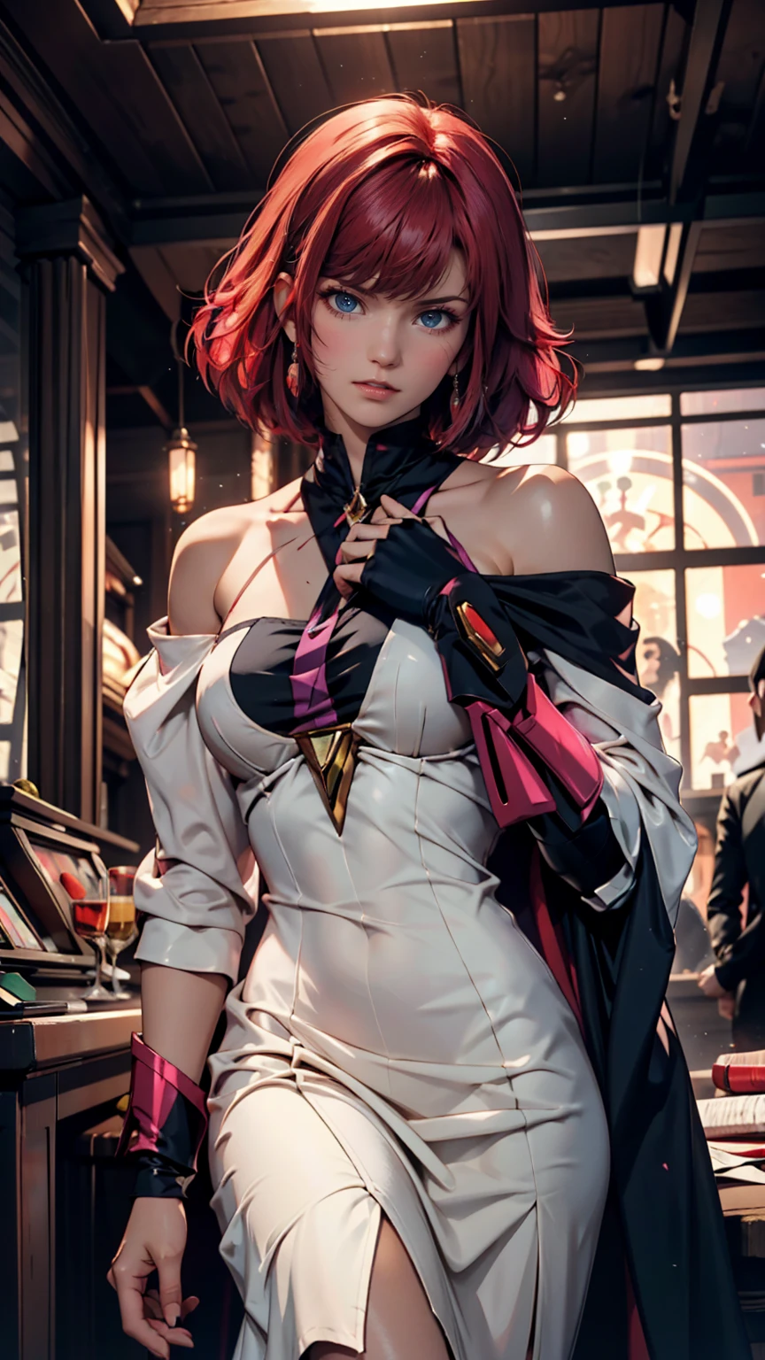 Haman Kahn, flapper（Hairstyle)、Mobile Suit Z Gundam、Neo Zeon Leader、Pink Hair Color、One girl, Mature Woman, masterpiece, Spacenoid Queen, spouse, goddess, Realistic, Mature Woman, Realistic shading, Smooth Lightning, High resolution, 8k, Absurd, high quality, Incredible detail, Body Accessories, elegant, wallpaper、Dark clothes
