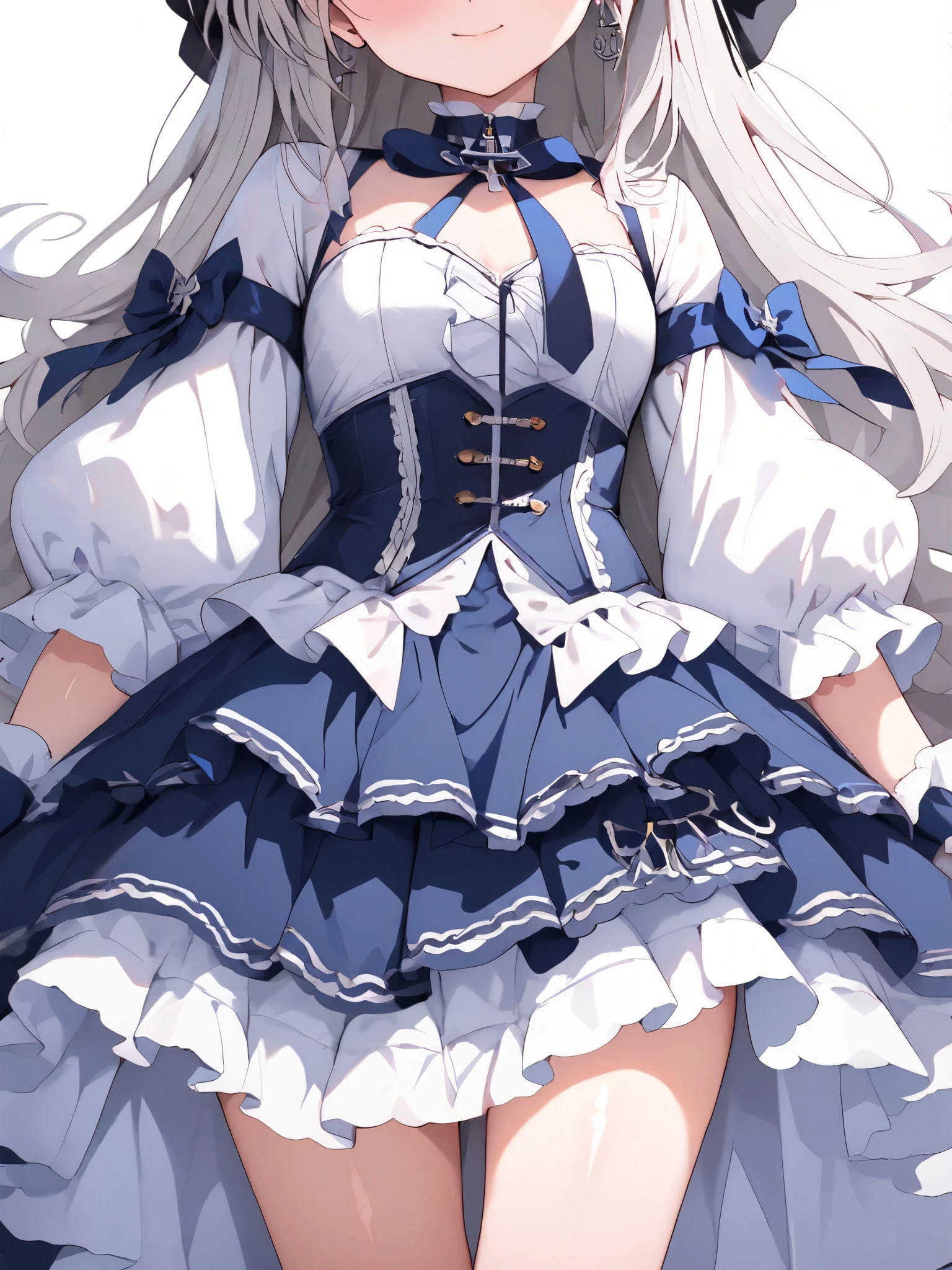 There is a young girl, wear a skirt, blue skirt, mini skirt, mini skirt, Wearing white tights, wearing a skirt, , multilayered outfit, stockings and skirt, wearing a skirt和高筒袜,