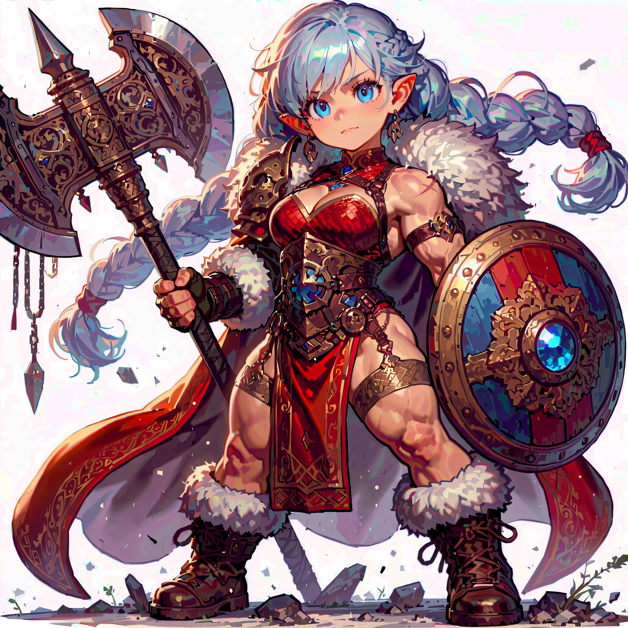(masterpiece, Best Quality), (detailed hairs), Ultra-detailed, Anime like illustration style, Full body, Solo, Fantasy race, Noble dwarf barbarian lady, short figure, snow-white single-braided hair and ice blue eyes, reddish-copper skin, wearing splendid wrestler costume, holding heroic dwarf axe, raising emblemed kite shield, wearing braided boots, ultra-massive. muscular, huge, strong, stands on the desolate ground! White background, standing full length,