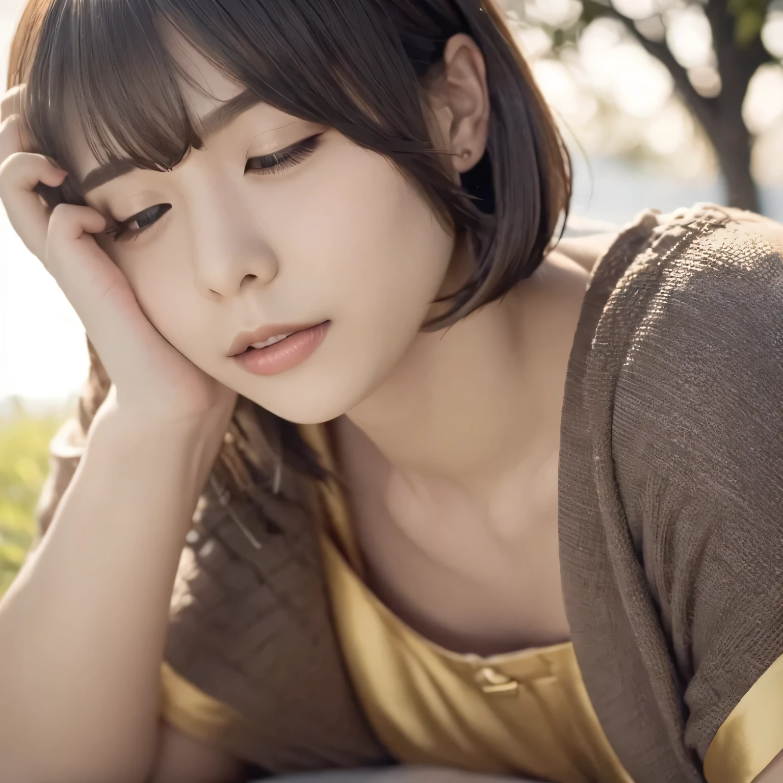 A breathtakingly beautiful 20-year-old woman stands in a lush green park at sunset, bathed in the warm golden light of the evening sun. Facing forward, her eyes gently closed, cheeks slightly flushed, and her face tilted upward as if anticipating a kiss, she embodies serenity and romance. The soft hues of the sunset complement the tranquil surroundings, enriching the dreamy atmosphere. bob haircut, black hair, dark eyes.