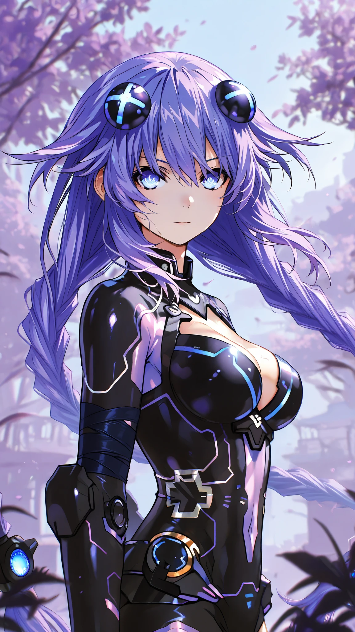 purple heart (Hyperdimension Neptunia), long purple hair, foreground, black bandage on the eyes