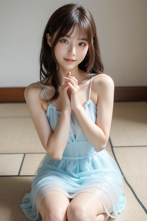 top-quality、Raw photography、masutepiece、ultra-detailliert、Ultra-high resolution、realisitic、highly detailed and beautiful、highly detailed beautiful girl、extra detailed face、extremely detailed eye、highly detailed nose、highlydetailed skin、(One pretty girl、独奏)、18year old:1.2、Cute little girl s、Japanese ido、小柄、flawless skin、Slim body、brown haired、Short curly hair、(Blunt bangs)、A slight smil、kawaii、kawaii faces、Delicat eyes、Sauce order、Colorful swimwear、front facing、large full breasts、perfect round breasts、cleavage、Perfect body、tre anatomically correct