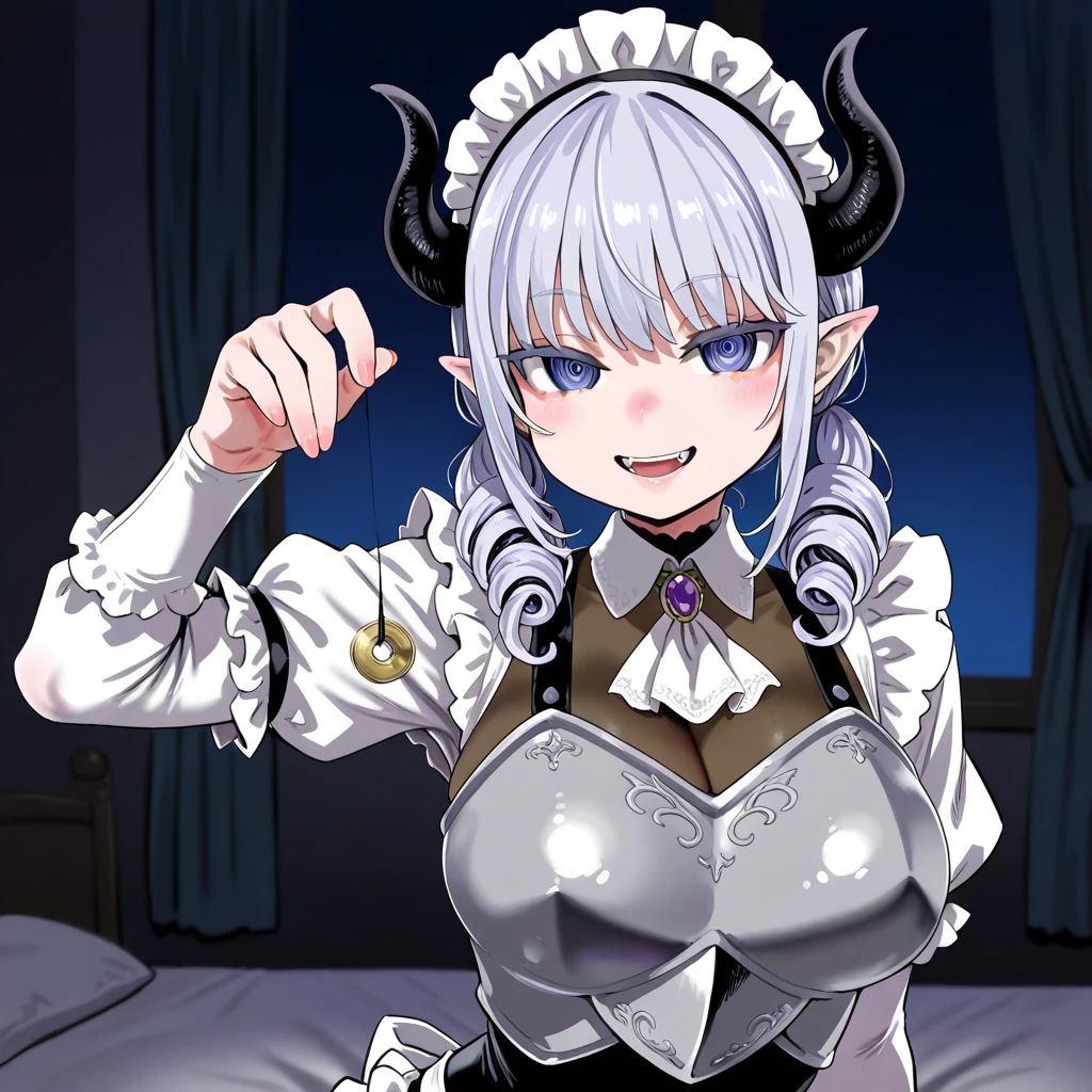 A half-dragon maid, hime cut, shiny hair, maid headdress, over-rim eyewear, dragon horns, heart-shaped pupils, pointy ears, blush, parted lips, seductive smile, heavy breathing, framed, tachi-e, stereogram, UHD, textured skin, masterpiece, highres, 16k, 1080P,Upper focus