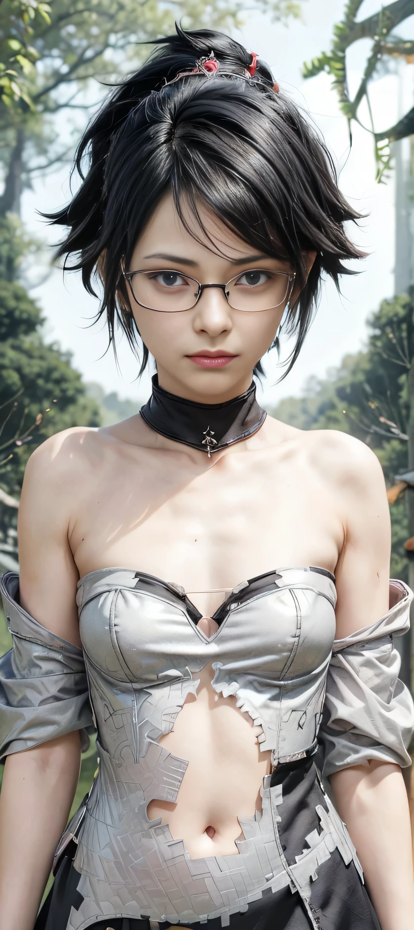 masterpiece, best quality, (realistic,photo-realistic:1.4), (RAW photo:1.2), extremely detailed CG unity 8k wallpaper, delicate and beautiful, amazing,finely detail, official art, absurdres, incredibly absurdres, huge filesize, ultra-detailed,extremely detailed eyes and face,light on face,sarada,(smirk:1.4),(black hair:1.4),(undercut hair:1.7),nature,sarada uchiha ,(wearing black framed glasses:1.5),(wearing final fantasy outfit:1.5),(forest background:1.5),high ponytail,(armored dress:1.5),(hair ornament:1.5), navel