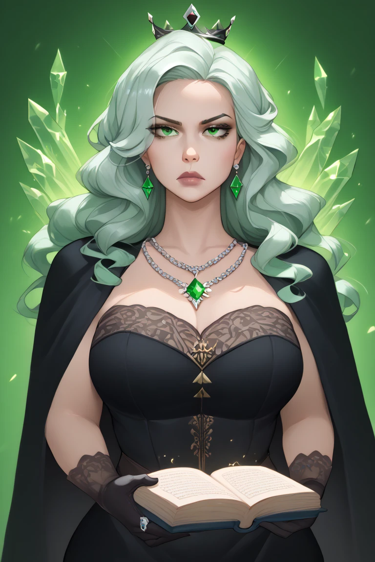 Female, Dark Tan Skin, black hair, white hair, gradient black hair, (long wavy hair), emerald eyes, faint blush and freckles, serious seductive expression, blue wizard seductive outfit, hair wet styled down, standing with hand on hip and wizard wand in hand, wizard arena.