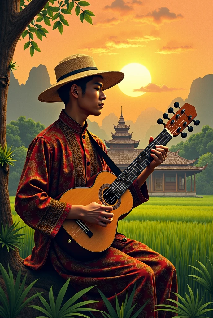 "Cover design of the album 'Maimbau Pulang: Bansi Minangkabau Tradisional Padang.' A Minangkabau musician wearing traditional clothing (songket, peci) is playing a shorter Bansi, in accordance with its original form. His expression is solemn and profound. The background features a Rumah Gadang with distinctive carvings, green rice fields, and a warm sunset, creating an atmosphere of nostalgia and cultural pride. Warm colors and Minangkabau aesthetics reinforce the traditional and emotional impression."