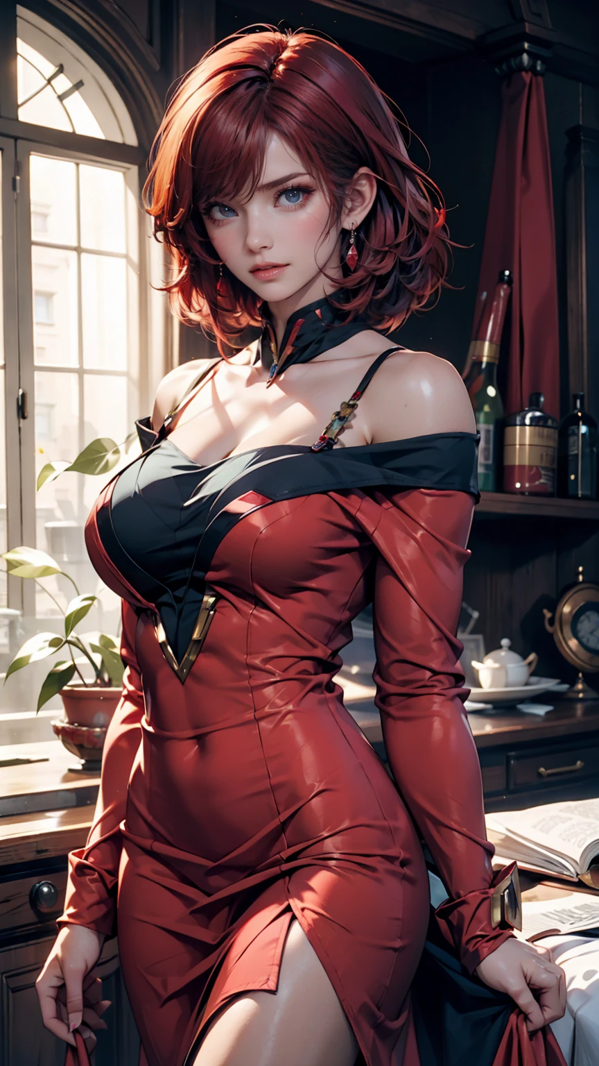 1 beautiful woman, 20 years old, pale white skin (very detailed and delicate skin), bright blue eyes (vampire eyes) (very detailed and expressive eyes), red hair, short hair, perfect body, perfect abdomen, perfectly round butt, makeup, red lips, delicate earrings, delicate necklace, choker, hair band, look at viewer, ((black cardigan)), very tight short skirt, sexy pose, in a room with a city view (masterpiece), (8K), (cinematic lighting, (photorealistic), (minute details)