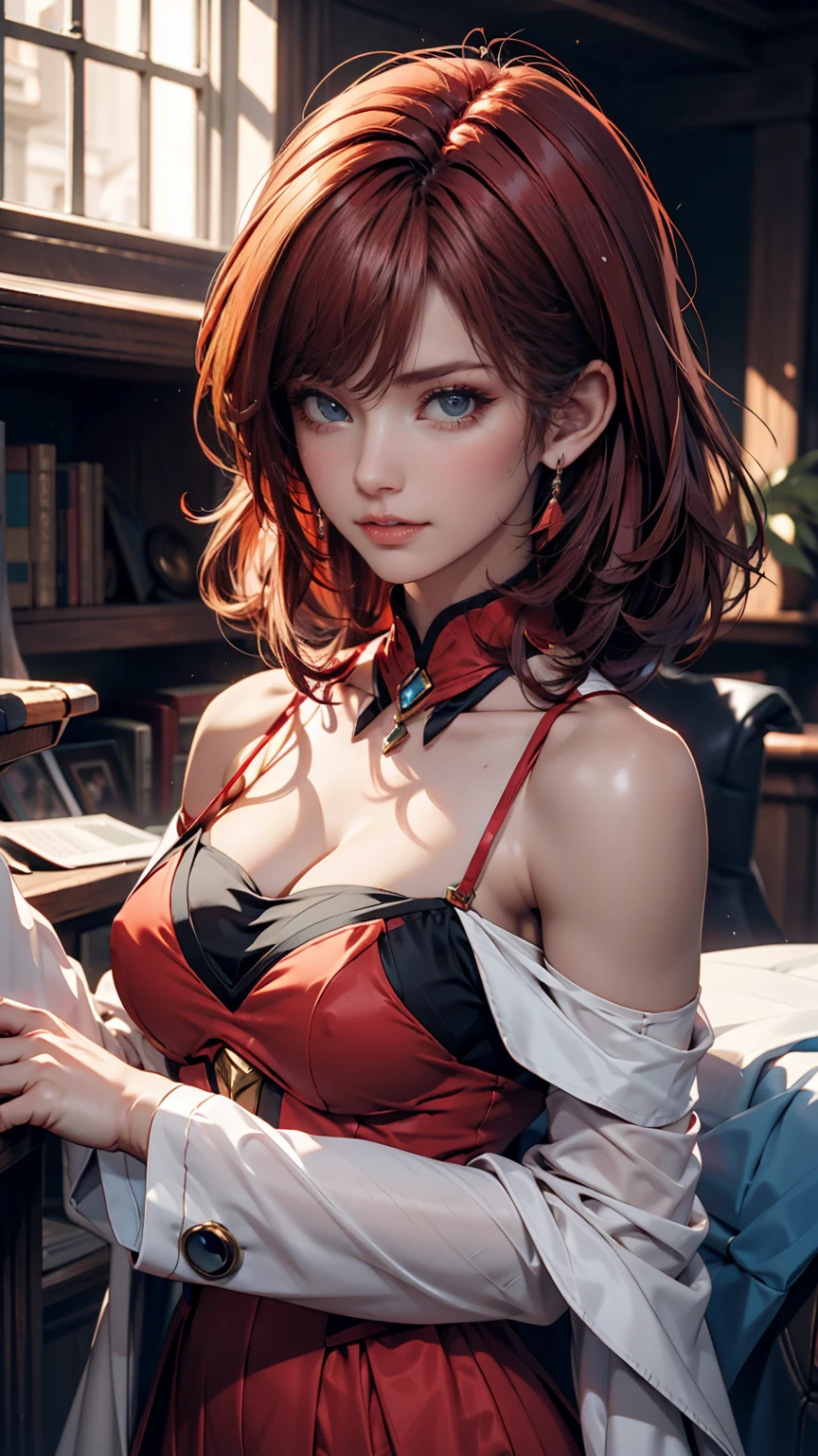 a beautiful anime full-body glamour portrait of a smiling wide with parted lips Rias Gremory, goddess, Busty (deep cleavage), flirtatious smile, gazing lovingly at the viewer, revealing, long curly hair, red hair, astonishing blue eyes, anatomically correct, mid-twenties, modeling in a bedroom, on the bed, silk Christmas button up pajamas, laying on her back, WLOP. studio lighting, detailed skin, ultra, realistic, sharp features, highly detailed. Sharp focus, natural skin, natural skin texture, subsurface scattering, muted colors, skin pores, perfect face, perfect eyes, perfect full lips, supple female form, vivid, cinematic, Film light, Hyper detailed, Hyper-realistic, masterpiece, atmospheric, High resolution, Vibrant, High contrast, dark angle, 8k, HDR, 500px, a view from above