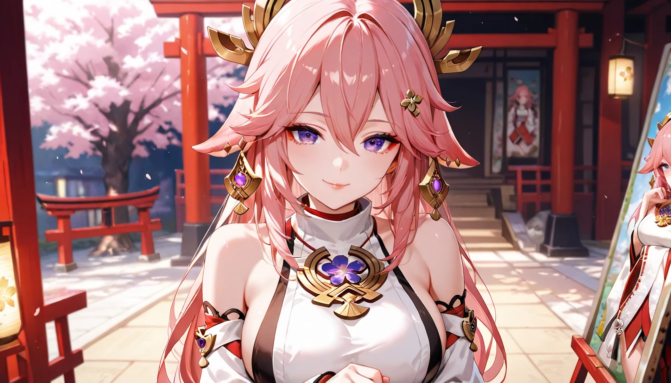 masterpiece, 8k, high resolution, detailed background, bokeh, shrine, yae miko standing in front while looking at viewer, in red bikini perfect portrait, cinematic background, glowing particles, pink petals, semi-realistic