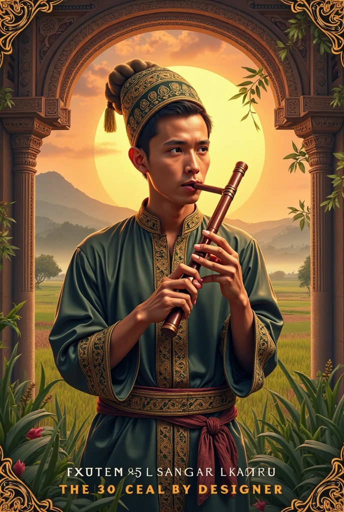 "Cover design of the album 'Maimbau Pulang: Bansi Minangkabau Tradisional Padang.' A boy handsome Minangkabau musician use small flute wearing traditional clothing (songket, peci) is playing a shorter Bansi, in accordance with its original form. His expression is solemn and profound. The background features a Rumah Adat Minangkabau with distinctive carvings, green rice fields, and a warm sunset, creating an atmosphere of nostalgia and cultural pride. Warm colors and Minangkabau aesthetics reinforce the traditional and emotional impression."