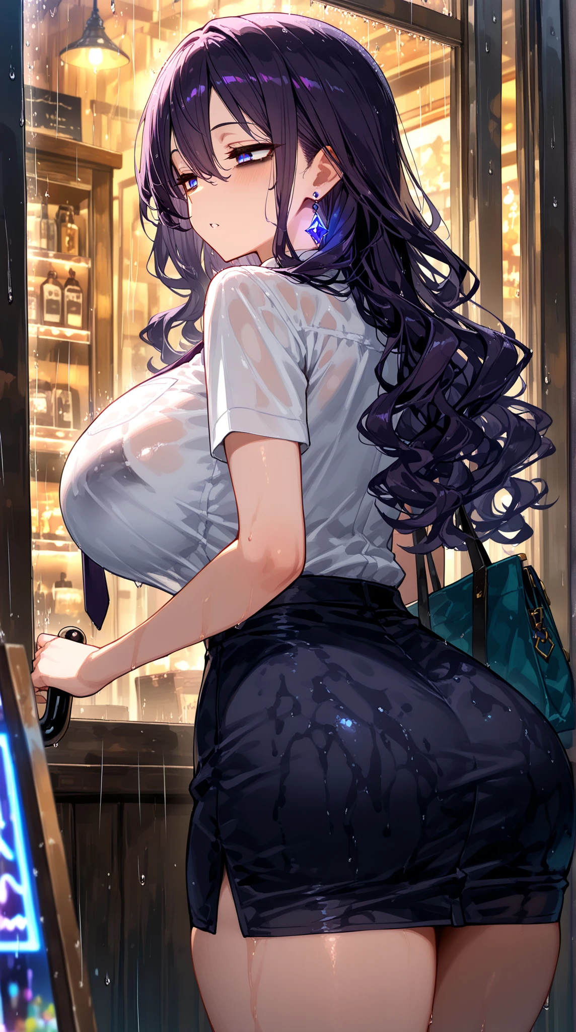 woman, very dark purple hair, purple eyes, long hair, huge breasts, skinny, mature figure, stylish blue hoodie, tight jeans, standing, (wetting herself:1.5), best quality, ultra-detailed, HDR, studio lighting, professional, vivid colors, sharp focus, bokeh, landscape, love hotel, bar counter, night, window, cityscape, colorful city, neon lights, futuristic, science fiction, soft lighting, dynamic shadows, (embarrassed:1.5), (humiliation:1.5), (blushing:1.5), (angry:2.0), facing viewer, (hands on hips:1.5), groin, mound of Venus