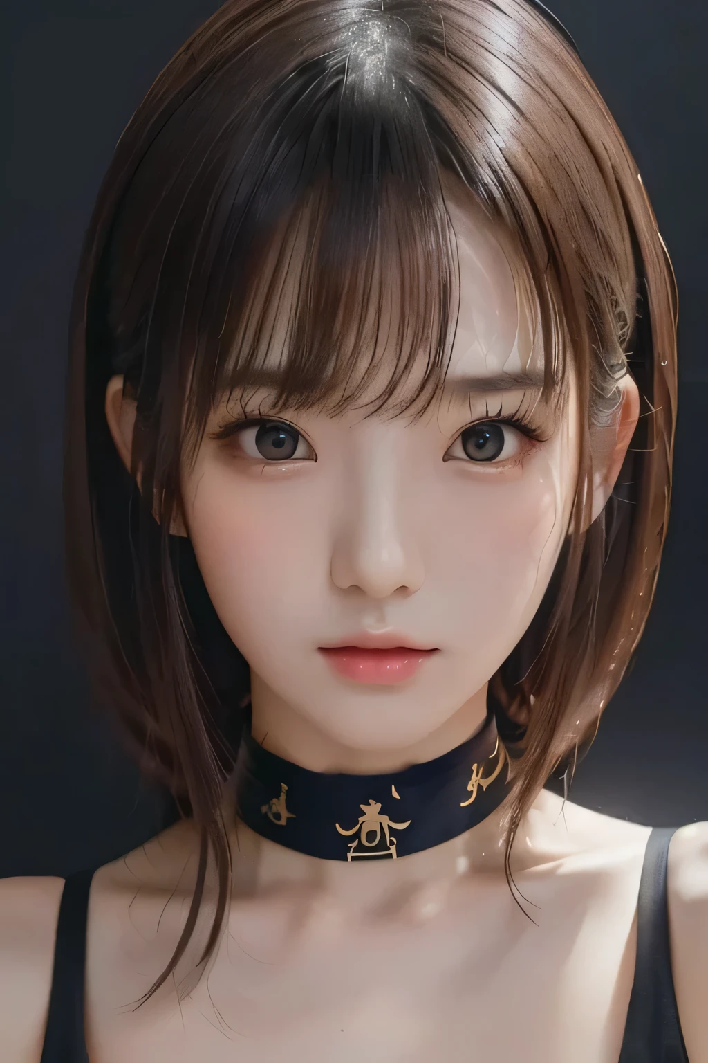 (masterpiece、top quality、 super detailed description、ultra high definition)、(face shot close-up:1.3)、girl、solo、(slender)、(small chest)、cute、idol face、brown eyes、 without makeup、( front close)、(professional lighting and shadows、silhouette:1.33)、(idol costume:1.4)、choker