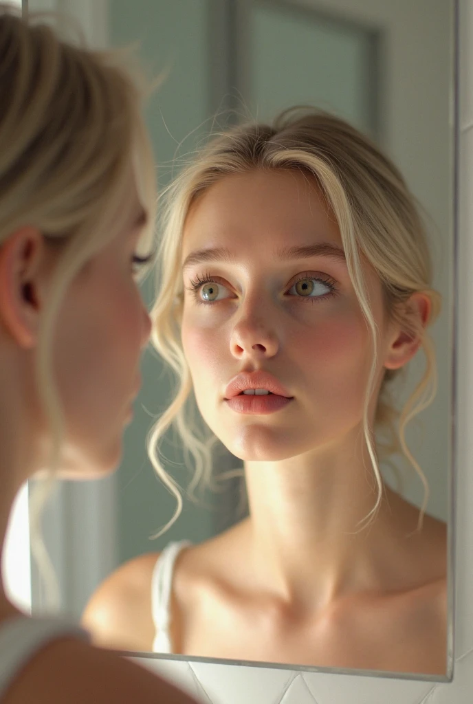 teenage girl, naked in her bedroom, looking at herself in the mirror, Photo up to the waist, beautiful detailed eyes, beautiful detailed lips, extremely detailed eyes and face, long eyelashes, A serene expression, soft skin, daylight, Cinematic composition, soft colors, Fabulous atmosphere, (Best quality,4K,8 K,a high resolution,masterpiece:1.2), ultra detailed,(realistic,photorealistic,photo-realistic:1.37),HDR,uhd,studio lighting, ultra fine painting, Sharp Focus, physically based rendering, very detailed description, professional, bright colors, hips, portrait