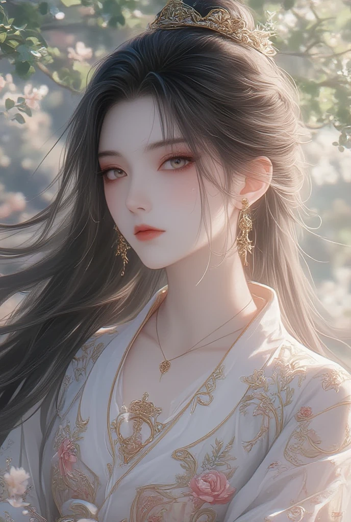1 girl, Full body image, Black Hair, Flowing hair, Hazy Beauty, Extremely beautiful facial features, White embroidered dress, Hairpin on head, Lying in the flowers, Perfect hands, White flowers, Simple vector art, Chinese Contemporary Art, Soft Light, Tangled scarf, High angle shot