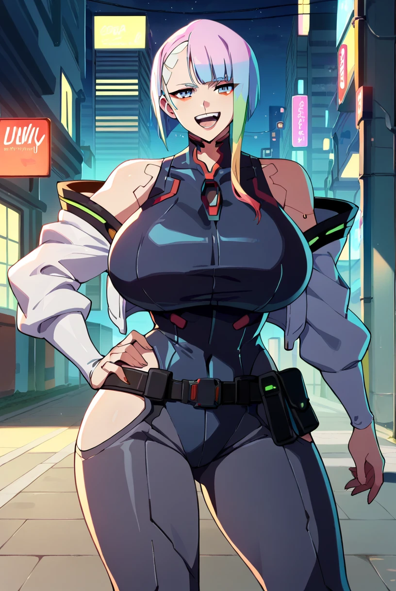 (tmasterpiece:1.2, Best quality at best), actual, (Real pictures, Complicated details, depth of fields), tmasterpiece, Best quality at best, ash_super heroes, 1 sister, Alone, Long gray hair, mitts, Green-eyed, pony tails, Blue hair, tightsuit, looking at viewert, (both hands on hip:1.2), tmasterpiece, high high quality, attractive body, thicc, White skin of the, , Crazy expansion, Large shoulder blades, big chest and thin waist, Hourglass figure, Pelvis larger than shoulder blades, Fitness model, Ruddy cheeks, breath through, sweaty, A smile