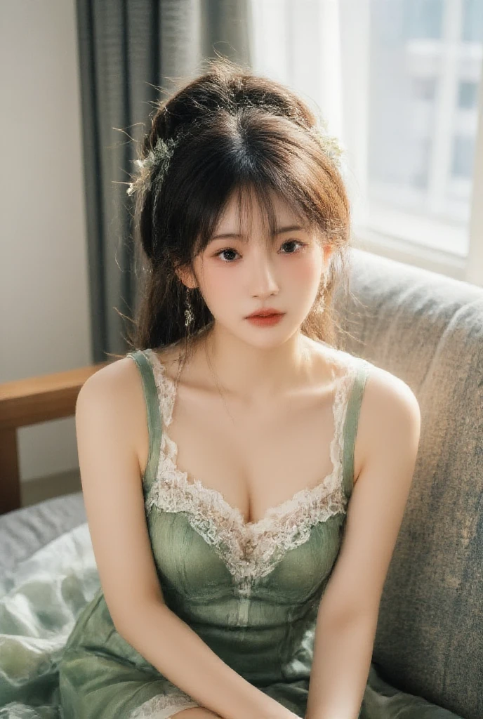 ((Highest quality, 8k, masterpiece: 1.3)), sharp: 1.2, Perfect Body Beauty: 1.6, ((Layered Hairstyles, Big Breasts: 2.0)), (white and long legs: 2.0), (Emerald green lace dress: 2.0, Off-the-shoulder dress: 2.0), (Bold cleavage: 2.0), ((Sideboob)), ((Wolf Cut: 2.0)), ((necklace)), Earrings, ring, Bracelet, Hair Accessories, ((Beautiful young teenager woman)), ((Straight nose)), (Eyeliner), Armpit Hair, Bristles, ((White and beautiful skin)), Wavy Hair, Beautiful attention to detail, Super detailed, Highly detailed face and skin texture, fine grain, double eyelid, Black Hair, Big Ass, Lower Body, Thighs, (((Skinny))), Wet and shiny lips, smile, Get a grip on your body, ((Anatomically correct human body)), ((Crisp body shape)), Ribs, clavicle, Protruding skeleton, A face without nasolabial folds, Shyness, Thin eyebrows, Big eyes, (from above: 2.0)