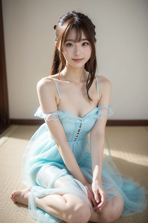 ulzzang -6500-v1.1, (Raw photo:1.2), (Photorealsitic), a beautiful detailed girl, (See-through:1.3), (Real: 1.4), extremely detailed eye and face, beatiful detailed eyes, ((Neat and clean dress、sitting in a bench))、((Ultra-realistic stockings:1.2)), Skirt and thighs、huge filesize, hight resolution, ighly detailed, top-quality, [​masterpiece:1.6], illustratio, ighly detailed, nffsw, finely detail, top-quality, 8k wallpaper, Cinematographic lighting, 1girl in, 17 age, perfect body type, cute droopy eyes beautiful big eyes、Pieckfinger, ((masutepiece)), Best Quality, 1girl in, eye shadow, Upper body, Portrait, ((FULL BODYSHOT:1.4))、(Very affectionate smile:1.2)、realistic skin textures、shinny skin、Exposed thighs!!!