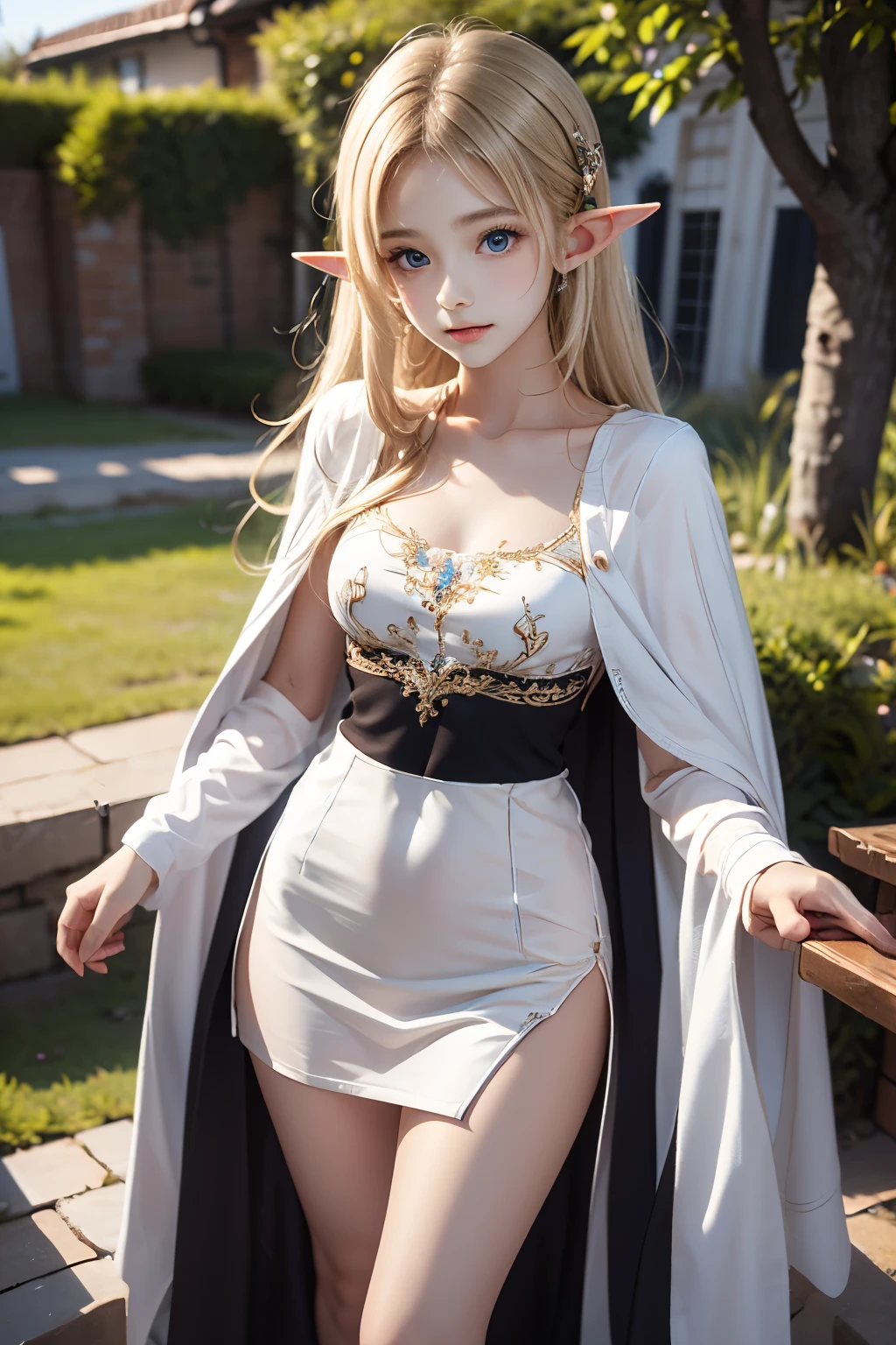 Full body, Princess Zelda in black maid's outfit with white skirt and white pantyhose with clip on skirt, she is inside a cave with fog, 16k, highres, best quality, award-winning, high details, anatomically correct, masterpiece, UHD, ccurate, retina