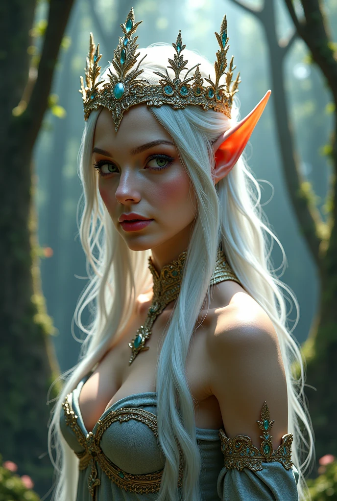 Sent by you:
"Create a delicate sculpture, a beautiful surreal artwork of a female character, with a mysterious and supernatural appearance. The character has pale marble skin, with blue lines and gold specks all over her body. She is kneeling in contemplation, with large twisted rainbow horns sprouting from her head. Her hair is wavy white, covering part of her elf-like ears. Her features are shown with long limbs and golden claws, giving a sense of both wonder and beauty. Golden orb elements float around her, adding to the atmosphere of mystery and elegance. The flowers, usually mostly green debris, are in this image enhanced with a super realistic intensity in 3D HD Ultra Movie 65k. Overall, this image should convey a sense of fascination and beauty mixed with a joyful fantasy..