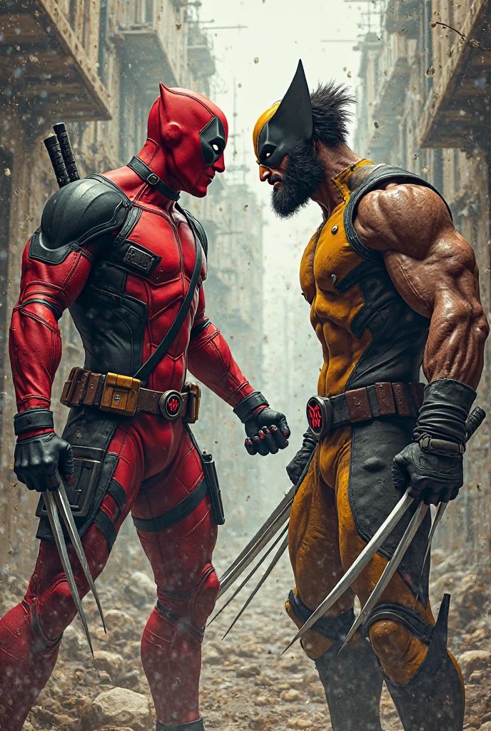 Create an image of Deadpool and Wolverine in the style of Michelangelo's The Creation of Adam.