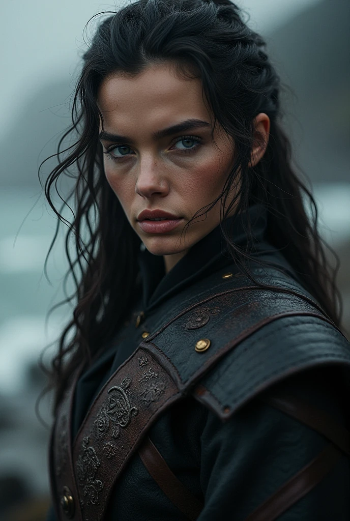 cinematic movie of dark witch, dirty pale skin, older women, no makeup, upper body,dark scruffy hair, action shot, wearing torn and dirty black robes, detailed skin, 20 megapixel, canon eos r3, detailed freckles skin, detailed, detailed face, in style of (dark fantasy pirate ship)+, movie grain