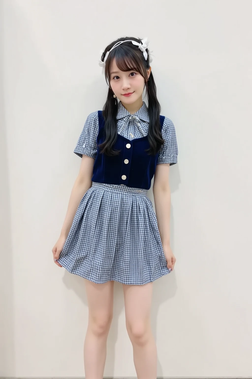 (Highest quality:1.5)、(masterpiece:1.5)、(8k:1.5)、(Big Breasts:1.35)、(A see-through sleeveless dress with light blue checkered lace and buttons and a collar:1.3)、(Slender:1.2)、(Blushing:1.5)、(Feeling embarrassed:1.5)、(smile:1.5)、(The background is the hotel:1.7)、whole body、Hotel Bed、(Erect nipples)、(Thin and beautiful legs:1.3)、(Young face:1.7)、(:1.7)、(Short:1.7)
