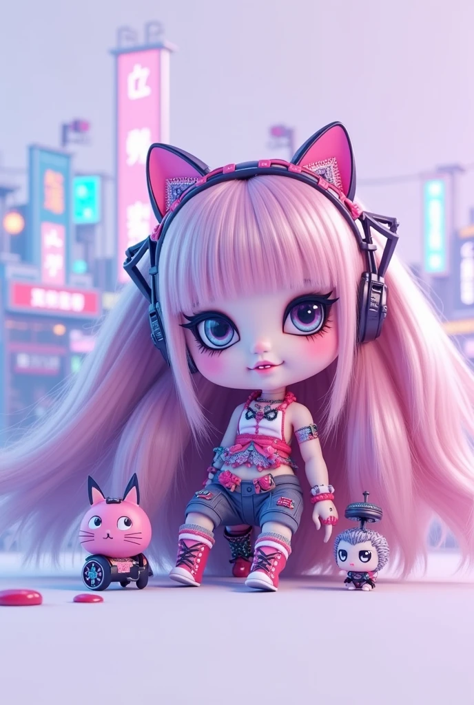 Animatronic in the image of a girl, in full growth, She has an uneven brown bob with blonde and pink strands. Her bangs turn pink. She has green and gray headphones, And they have rabbit ears on them, They're the same color, the same as headphones, and the insides of the ears are black. Her eyes are gray-pink. In one of them, which is covered with bangs, There's black, white and glitter pupil;. She wears a dark gray bow around her neck