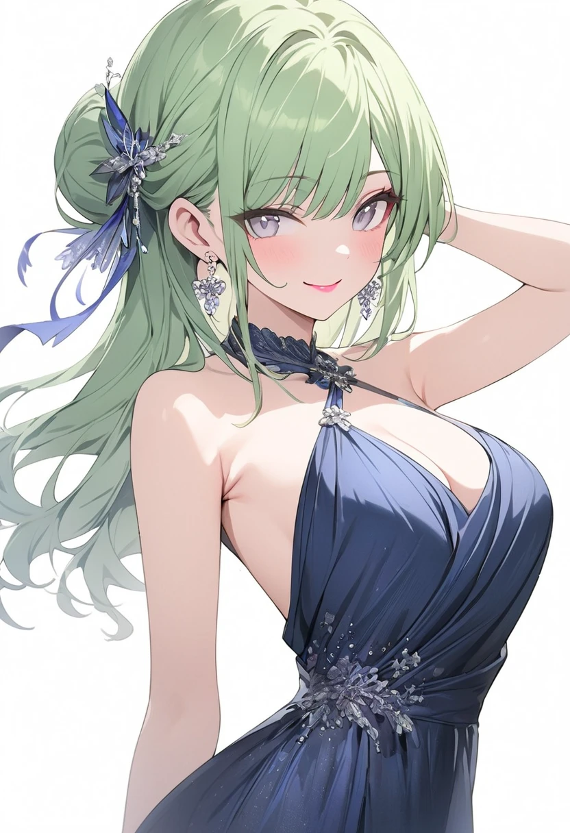 girl. green eyes. White skin. shy. nice smile. evening dress. long hair. Blue to green hair. Akane Kurokawa. 