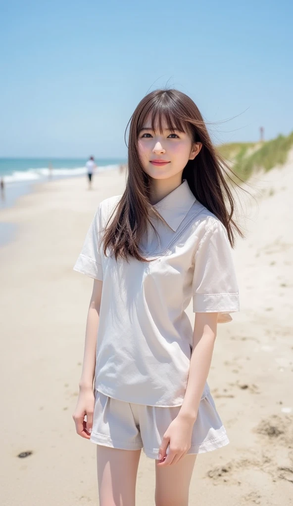 (((Top-down configuration:1.33)))、((No underwear:1.55))、One Girl、Beautiful and detailed eyes and face、barefoot、20 year old cute Japan woman, ((Extremely precise and accurate anatomy:1.0)), (photo Realistic:1.4), (hyper Realistic:1.4), (最高品質のRealisticな肌の質感:1.4), (Improvement of quality:1.4), (Enhances the beauty of skin texture:1.1), Clean and glowing skin, mesh, thin:1.2, (Realistic:1.3), Realisticなライティング, (Smoother lighting:1.05), (Improving the quality of cinema lighting:0.9), Backlight, A gentle light on your face, Ray Tracing, (Bright light:1.2), 32K, One Japanese woman, fine grain, Detailed face, (Film Grain:1.1),(Accentuates body lines:1.1), High resolution, Natural look, Kind eyes, Improves hair quality, Delicate light and shadow, Transparent muscles, Graceful pose, Beautiful Eyes, Sharp details, Soft light reflection, Beautiful contours, Delicate skin tone, Fine hair texture, Natural background, (((Open shirt、splash、Sandy Beach、Light of the sun、clear blue sea、The waves crash quietly、Blue sky and white clouds、green mountain々、Beautiful Nature、The joys of youth)))、