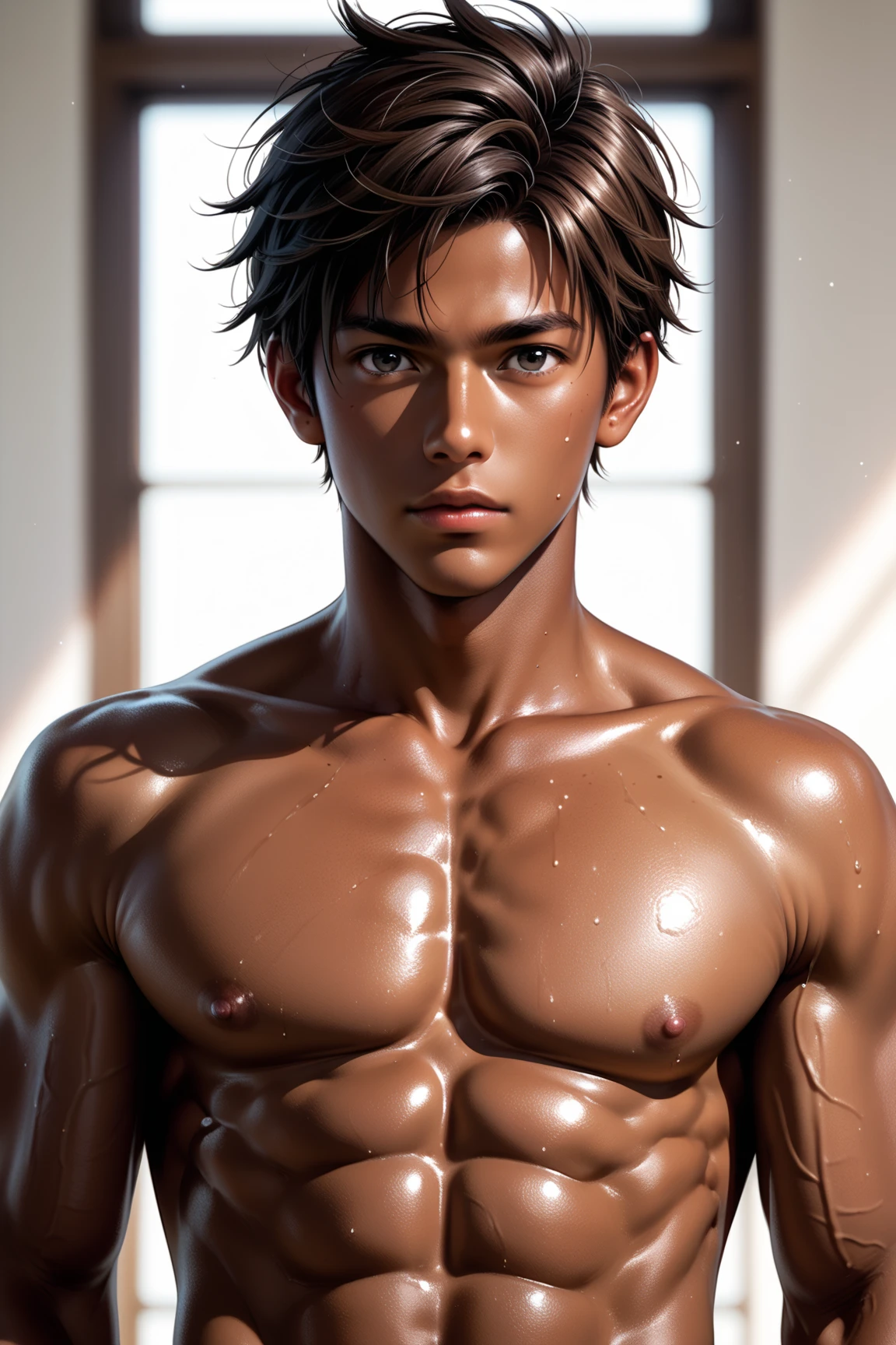 high quality, detailed, photo Realistic,(17 years old tanned japanese school boy), (detailed black eyes), (black short hair),(abs),(tanned dark brown shiny skin:1.4),, school corridor, summer afternoon,(best quality,4k,8k,highres,masterpiece:1.2),(realistic,photorealistic,photo-realistic:1.37),
