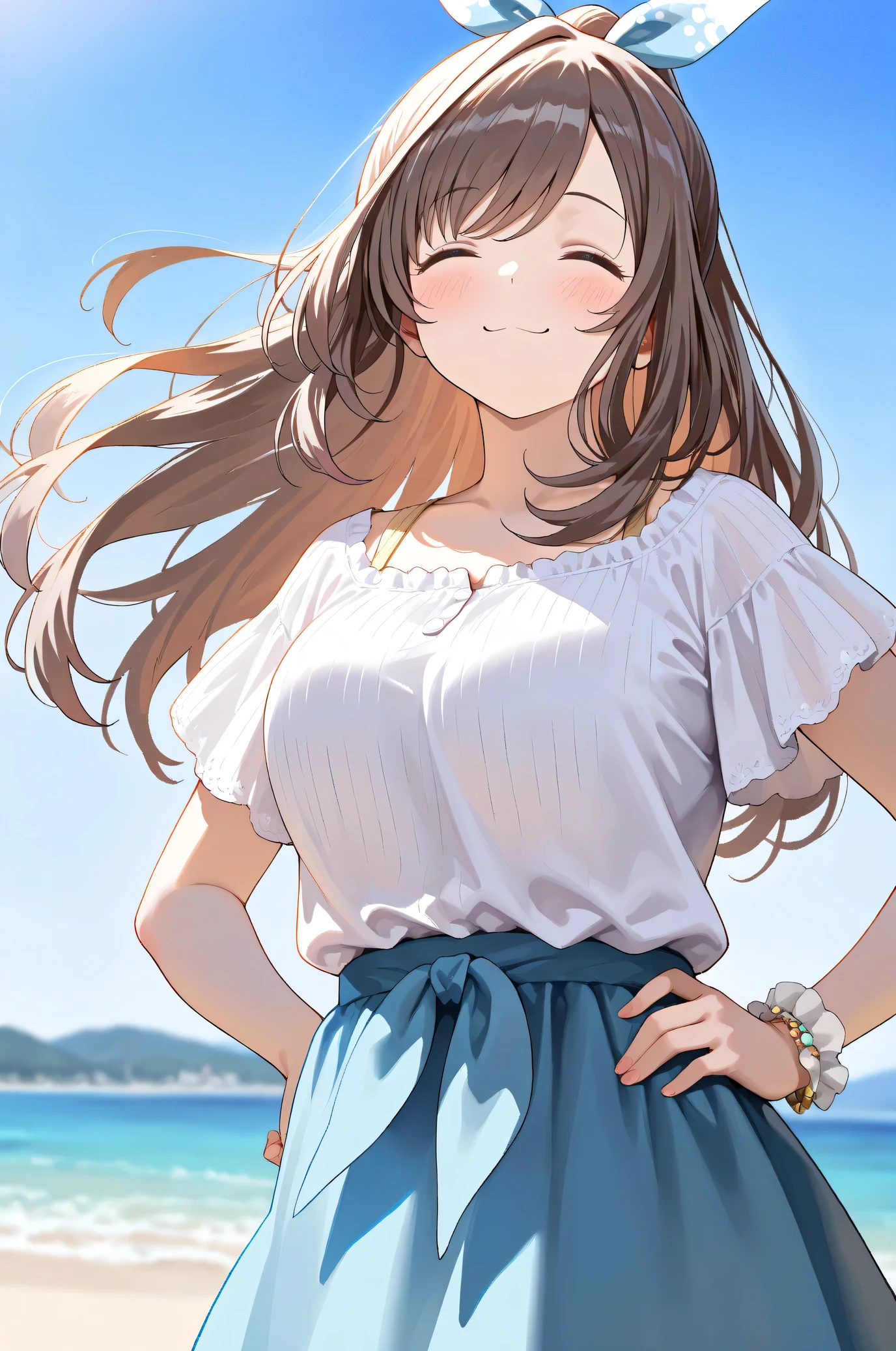 (Masterpiece:1.2), (Highest quality:1.1),
(Very detailed), (The best shape), (Best shadow), (Absurd), (Detailed Background), (So beautiful),
Shiny, Extraordinary, Countershading, 8k, 32K,
High resolution, Very Detailed CG, UHD,
Score_9, Score_8_up, Score_7_up, Source_anime,
(Pastel painting:1.2), (Watercolor painting:1.2),
(Masterpiece, Detailed:1.2), (Foreshortening:1.2),
Cinematic, Dramatic, (Depth of field:1.4),
(Blurry background:1.4), (Realistic background:1.4),
1 girl, Solo, Dynamic angle, from below,
Outdoors, (Coast:1.2), Beach, Wind, (Blue sky:0.8),
Tsukioka Kogane,
the idolmaster shiny colors,
(Brown hair:1.1), Ponytail,
Hair ribbon, Light blue hair ribbon,
(Casual wear:1.3),
(Linen color shirt:1.4), Ruffled cuffs, (Shirt hem:1.2),
(Shirt with tied ends:1.3), short sleeves shirt,
Skirt, Blue skirt, (Gradient skirt:0.8),
Bracelet, Wear a bracelet on her right hand,
(Blush:1.3),
Close up shot,
A smug expression, doyagao, Hands on hip, Be proud,
(Closed her eyes:1.4),
Focus on face,
Realistic skin,
Shiny skin,