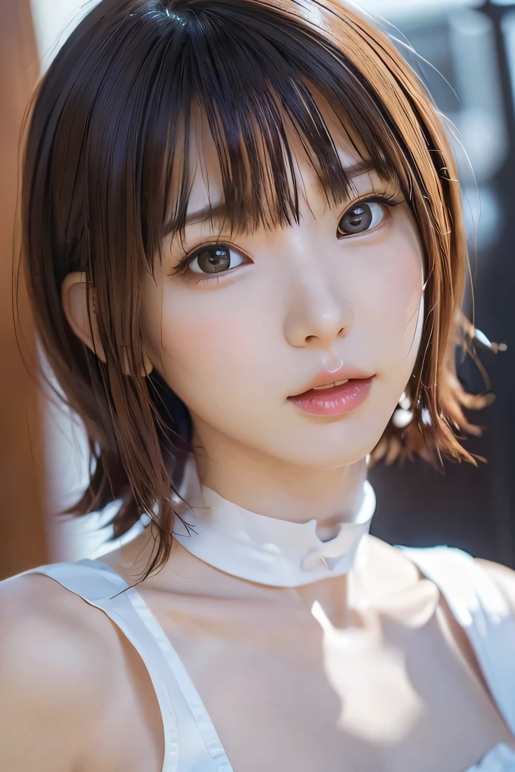 (masterpiece、top quality、 super detailed description、ultra high definition)、(face shot close-up:1.3)、girl、solo、(slender)、(small chest)、cute、idol face、brown eyes、 without makeup、( front close)、(professional lighting and shadows、silhouette:1.33)、(White idol costume:1.4)、choker