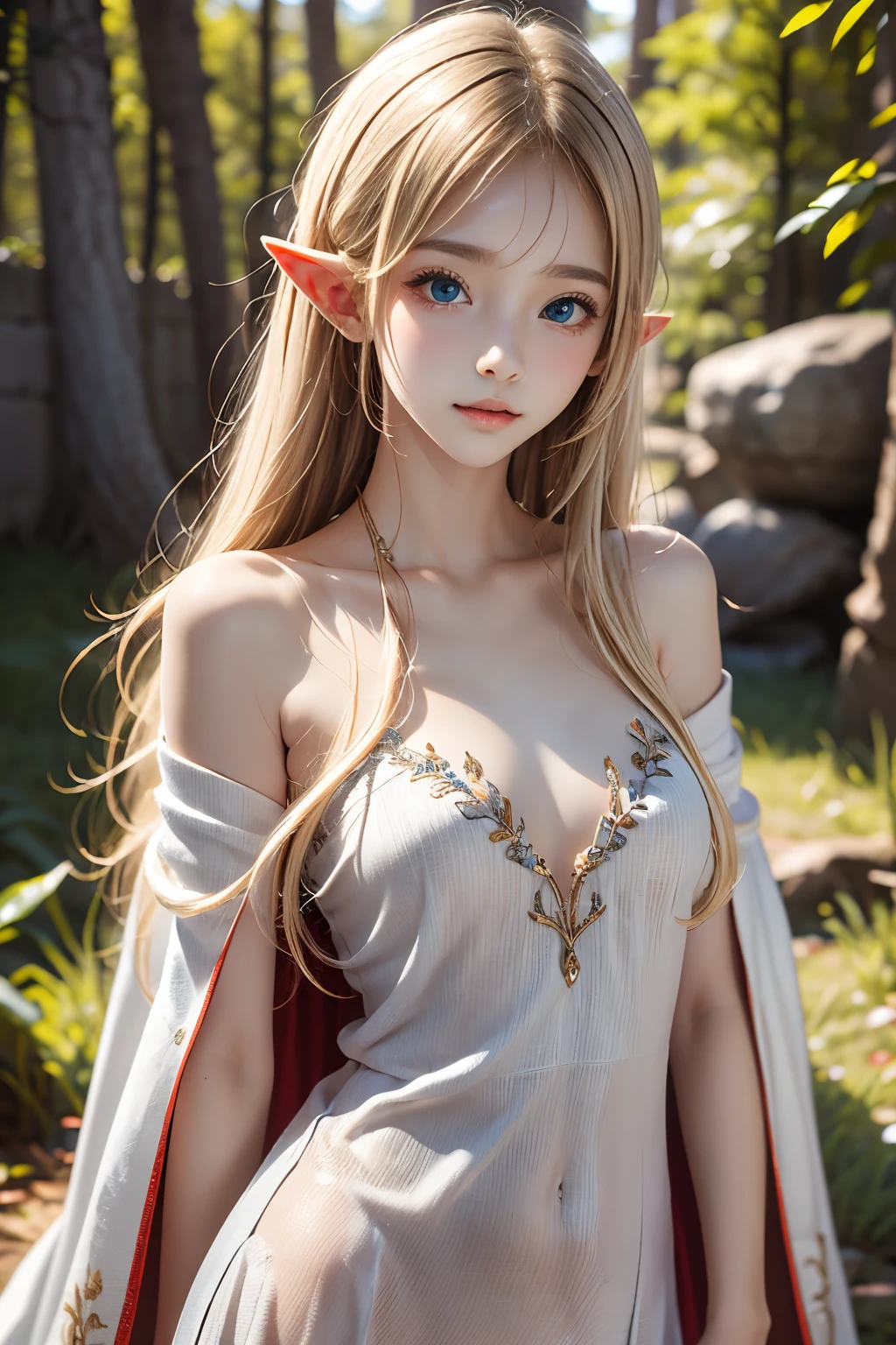 ((Watch Viewer)), Cle_stine,1 Girl, (Beautiful Face:1.4), (Big)), Wreath on Head, Long Blonde Hair,Pointed Ears, ((Crestine's White Revealing Clothes)), ((cowboy shot)),Outdoors, Path: 1.2, Sunshine, Trees, Lawn, Lake,close-up, ((Upper body))