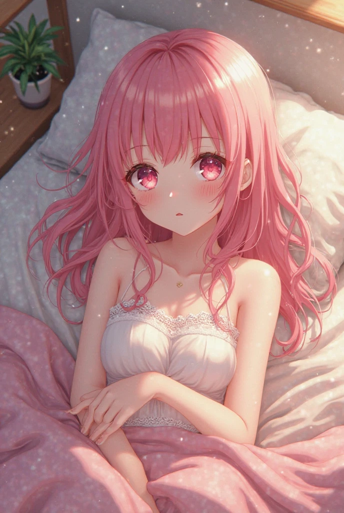 (Best Quality,High resolution,8K,finelity detailed background,Masterpiece:1.2),beautiful girl,Shiny pink hair,messy hair,Pink eyes,Gentle look,A refreshing look,Best quality,Best Quality,Aesthetic and aesthetic:1.2,Best details((Super detailed))(High-definition CG illustrations),cuteパジャマ,Slender body,night,Moonlight,Bedroom,On the bed,smile,blush,cute,Scrounge,Looking up,Being spoiled,super model,wariza,shoot from below