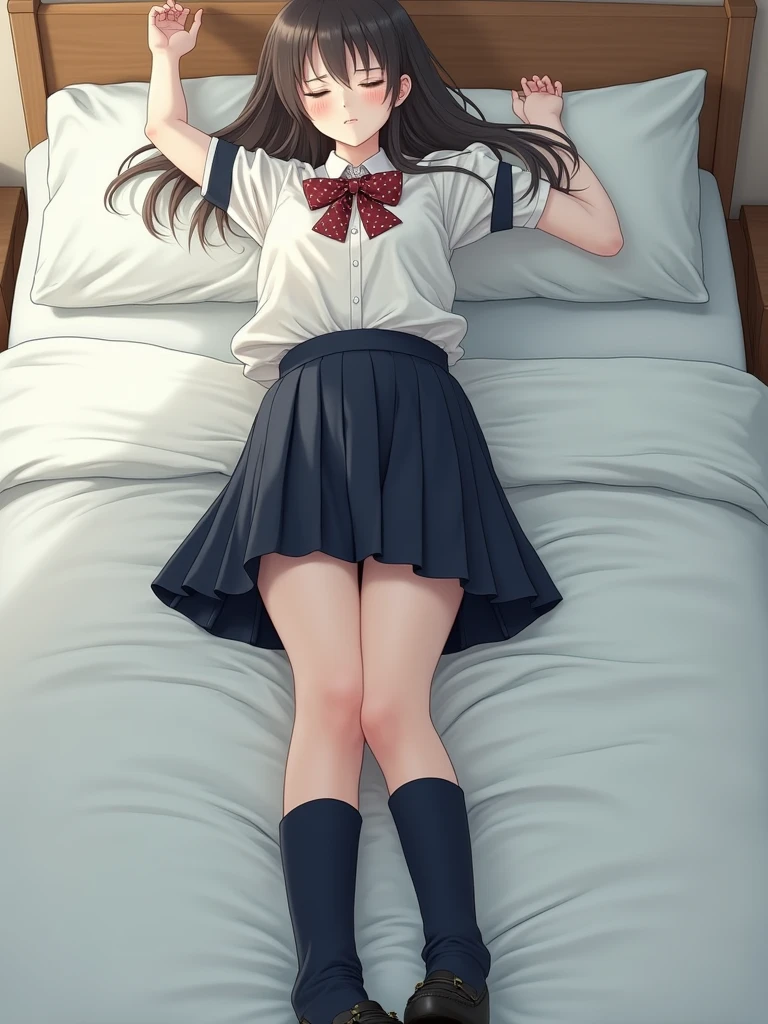 (Masterpiece:1.21),(FHD),(16K),(Top Quality:1.24),(Super Resolution),(Super Illustration),(Best Shadow),(High Quality),(Super Detail:1.15), Elaborate,1 Woman, Japanese girl,(14 Years Old:1.68),(young Woman:1.66),(young Age:1.78),(Small Round Face:1,69),(Sailor uniform, white blouse, navy scarf,pleated skirt,white socks),(bedroom),(on bed:1.88),(pillow:1.5)),(looking Viewer:1.42),(blush:1.35),(open one's mouth:1.22),(to talk),(POV:1.42),(on back:1.87),(arms behind head:1.64)