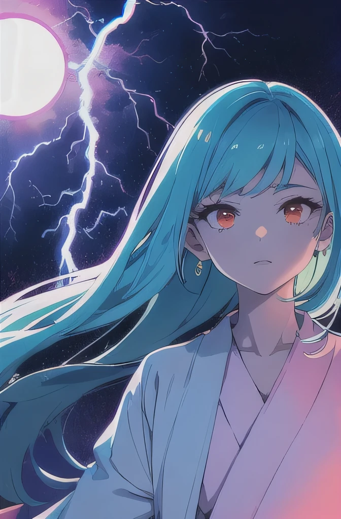 (flat color:1.3),(colorful:1.3),(masterpiece:1.2), best quality, original, extremely detailed wallpaper, looking at viewer, upperbody shot of a girl infused with lightning, fully clothed with blue long robe, highly detailed, extremely detailed, red eyes, electric, red moon, Rays of Shimmering Light, Cinematic Lighting, Matte, Stone, Milky Quartz, Opalite, Jewelry, Silk, Feathers, Water splash, Fog, Electric, Electricity, sparks, lensflare, rim lighting, backlighting, Bracelet, Chromatic Aberration, RTX, Post Processing