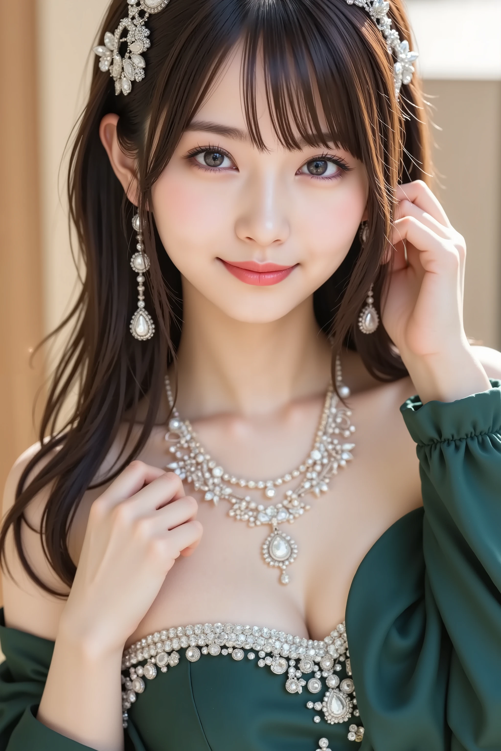 face positioned accurately in the center of the image, Upper chest, head is fully reflected with tight tension, face is clearly visible as a full body shot, green strapless dress with jewels, gorgeous backdrop with chandelier and lavish jewelry, tiara、 necklaces and earrings 、long hair around my chest, Bangs, smile, young and cute Japanese face, Official Art, high quality CG Unity 8k wallpaper, Ultra high quality, very detailed, high quality, FILM GRAIN, lens flare glow, top quality, 8k, snowy black fur coat as a, 8k, viewer, masterpiece, top quality, very detailed, it's cute, sexy, very detailedな, Detailed Features , beautiful, illustration of a woman having a penis, beautiful Japanese woman, Women's 1, tight breasts