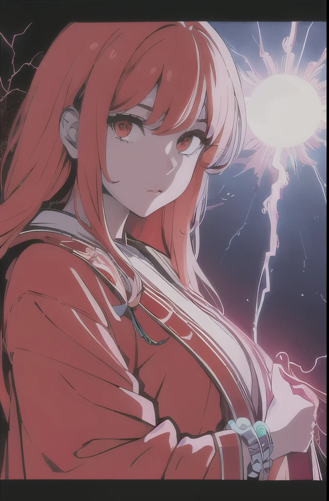 (flat color:1.3),(colorful:1.3),(masterpiece:1.2), best quality, original, extremely detailed wallpaper, looking at viewer, upperbody shot of a girl infused with lightning, fully clothed with blue long robe, highly detailed, extremely detailed, red eyes, electric, red moon, Rays of Shimmering Light, Cinematic Lighting, Matte, Stone, Milky Quartz, Opalite, Jewelry, Silk, Feathers, Water splash, Fog, Electric, Electricity, sparks, lensflare, rim lighting, backlighting, Bracelet, Chromatic Aberration, RTX, Post Processing