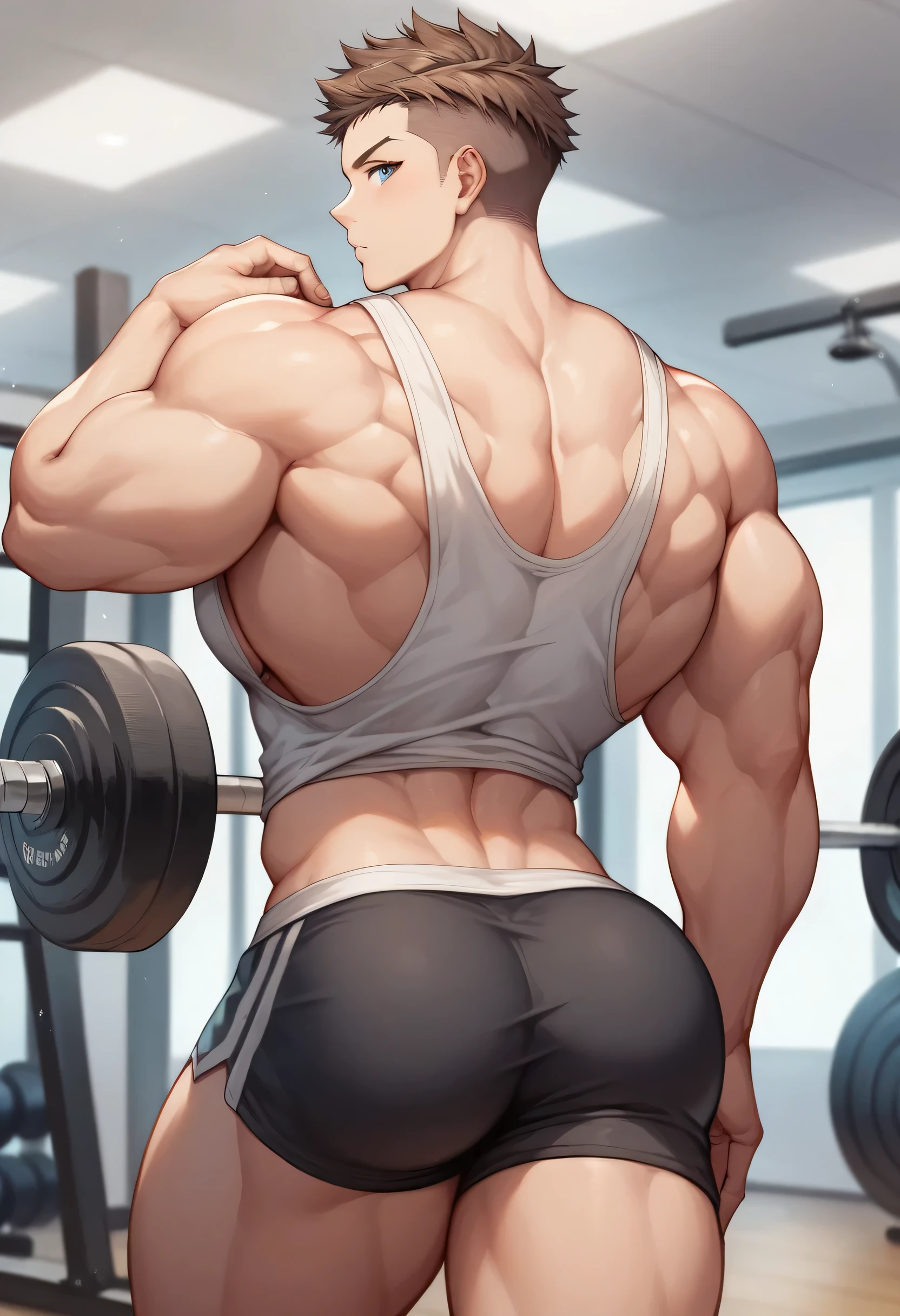 score_9, score_8_up, score_7_up, score_6_up, 1boy, solo, straight hair, short hair, brown short hair. A short haircut with shaved sides, including the temples and nape of the neck. Blue eyes, bodybuilder body, huge muscular, gigachad, black gym shirt, (tank top), white gym shorts, indoors of gym, standing, looking at viewer, carefree expression, curious look, one eyebrow raised. (((Back))) huge firm muscular thighs, round buttocks and round butt with back, huge ass ((firm buttocks)) with big booty.