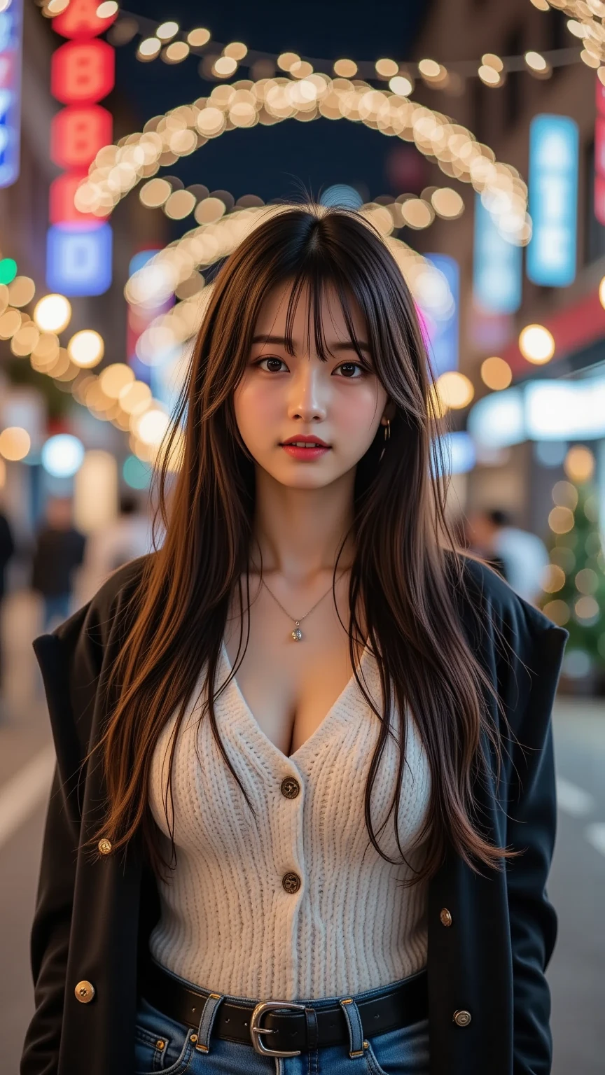 PureErosFace_V1, Best quality, Photorealistic, 8K, A high resolution, 1girll, woman, (skin indentation), (Portrait:0.6), ((cityscapebackground:1.6, smallsize round breast, high-necksweater:1.5)), head straight-looking at viewer:1.8, (1girl eyes looking at viewer:1.45, medium lenght hair, brunette color hair, partedbangs:1.15), Photorealistic, (Bokeh),