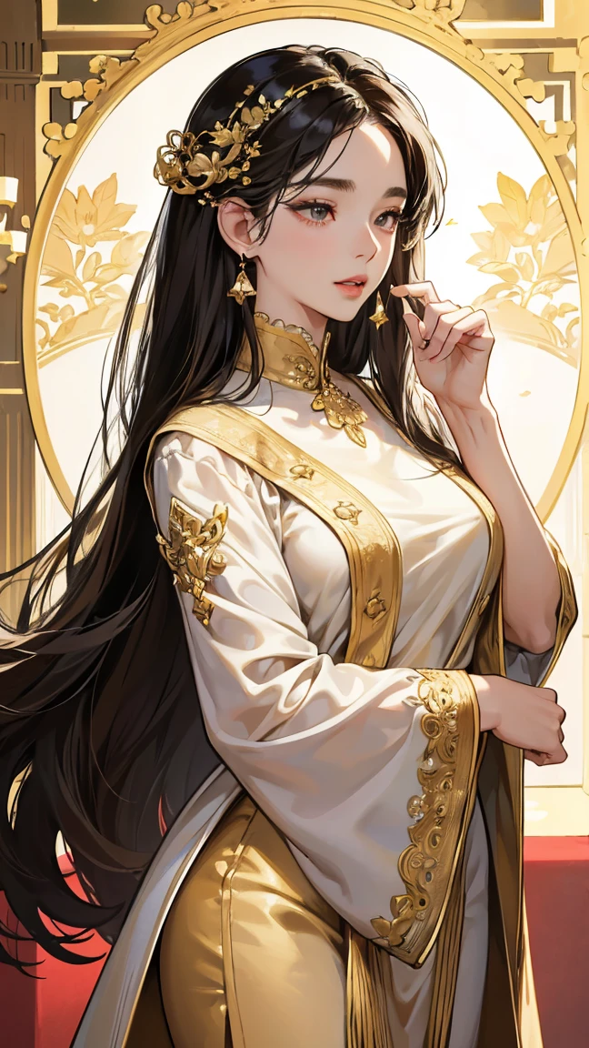 in style of Brad Kunkle
character concept design,1girl,ojou-sama posture,multi-tied hair,incredibly long hair,extreme elegance,extremely detailed,(Background blur,Depth of Field,Blurred foreground,Motion Blur:1.5), 8k wallpaper