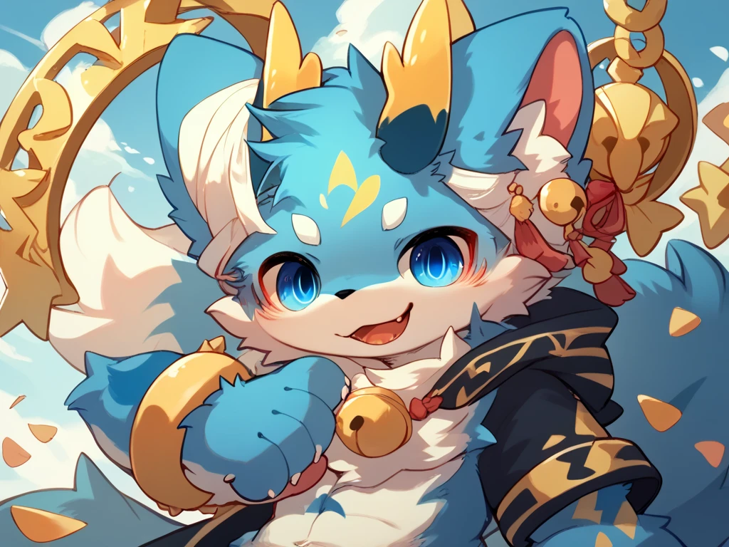 The only person,(Male rabbit:1.5), (White skin:1.3), (Young children),hairy,(Blue and white fur:1.3),(Thin belly),((Golden pupils)) ,(White ears),(Blue and white hair),(hairy animal ears),Covered with haine hair,top view,Full body picture,Perfect sunshine,(Thin),cute,(Naughty),cute clothes,A puffy expression,Expression of love