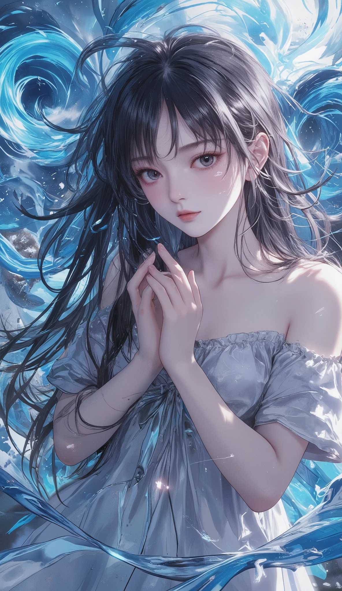 masterpiece, best quality,Ultra Resolution, perfect anatomy, One Woman, beautiful、delicate、Silk dress、the expression of suffering、tears、blue swirls in the sky、The swirls are breathing everything in、A woman's long hair is being sucked in、Dramatic、dynamic、absurd、metaphysics 、Studio Lighting、bright colors