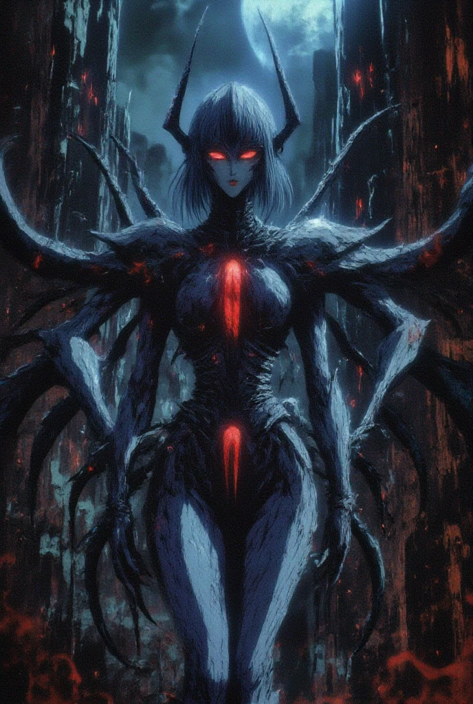 best quality, masterpiece, highres, detailed, perfect anatomy, cowboy shot, ShadeMC, shadow, extra eyes, multiple eyes, possessed, symbiote, glowing, monster, shademon, monster eyes, <lyco:ShadeCorruption:0.9>, 1girl, evil smile, armor