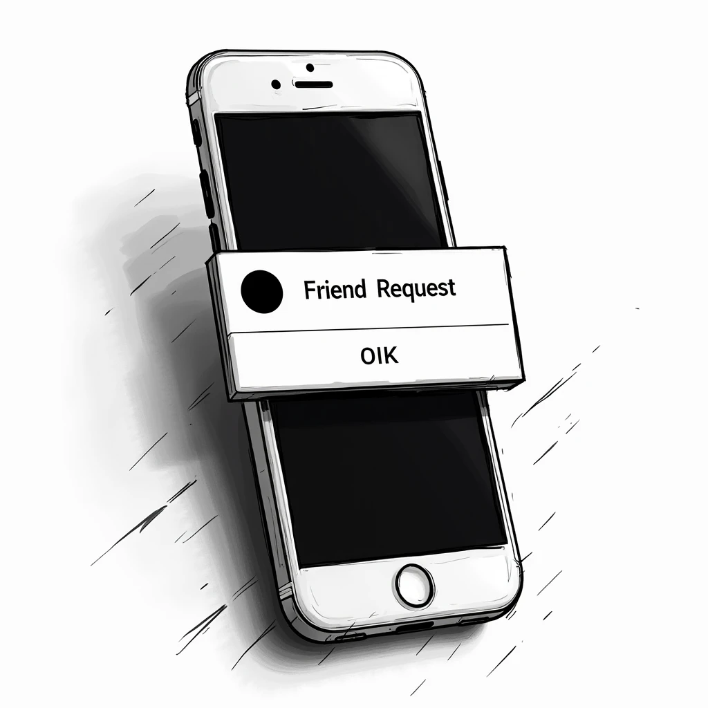 Create a black and white drawing image of a locked iPhone where it has a notification, pop up, from a written friend request : Michael André wants to follow you
