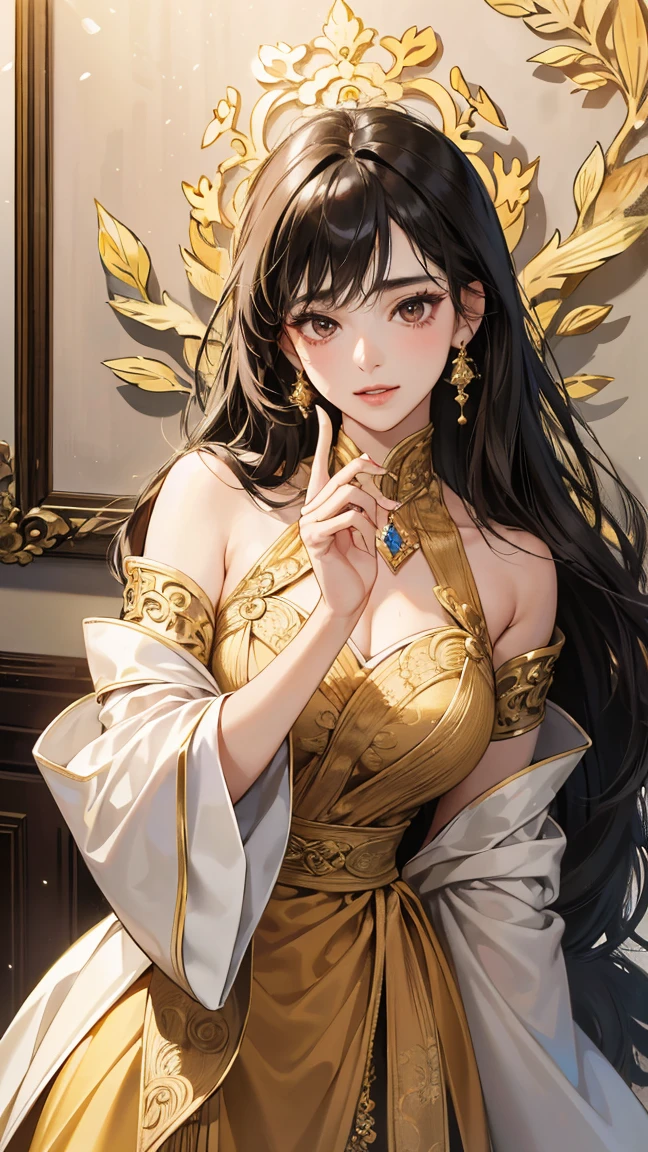 Black Hair, Immortal, Beauty, Royal sister, Stepmother, White and gold robe robe, Golden Phoenix Coronet, Hair Bunch, Beautiful Breasts , Mature Woman,Sunshine