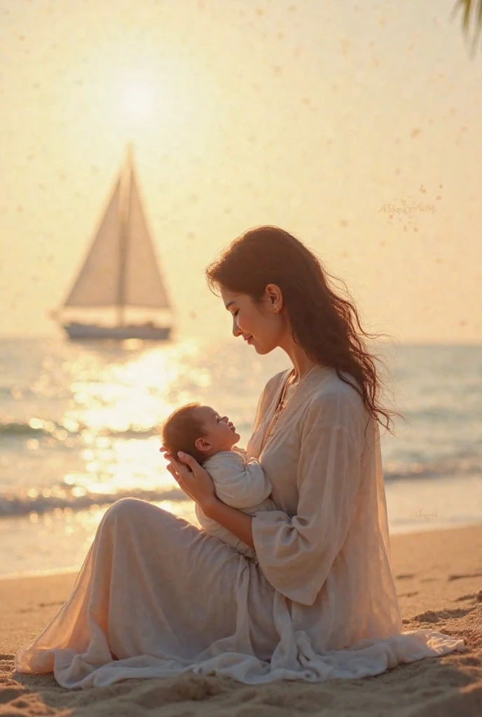 A mother holds a baby on a beach with sunset