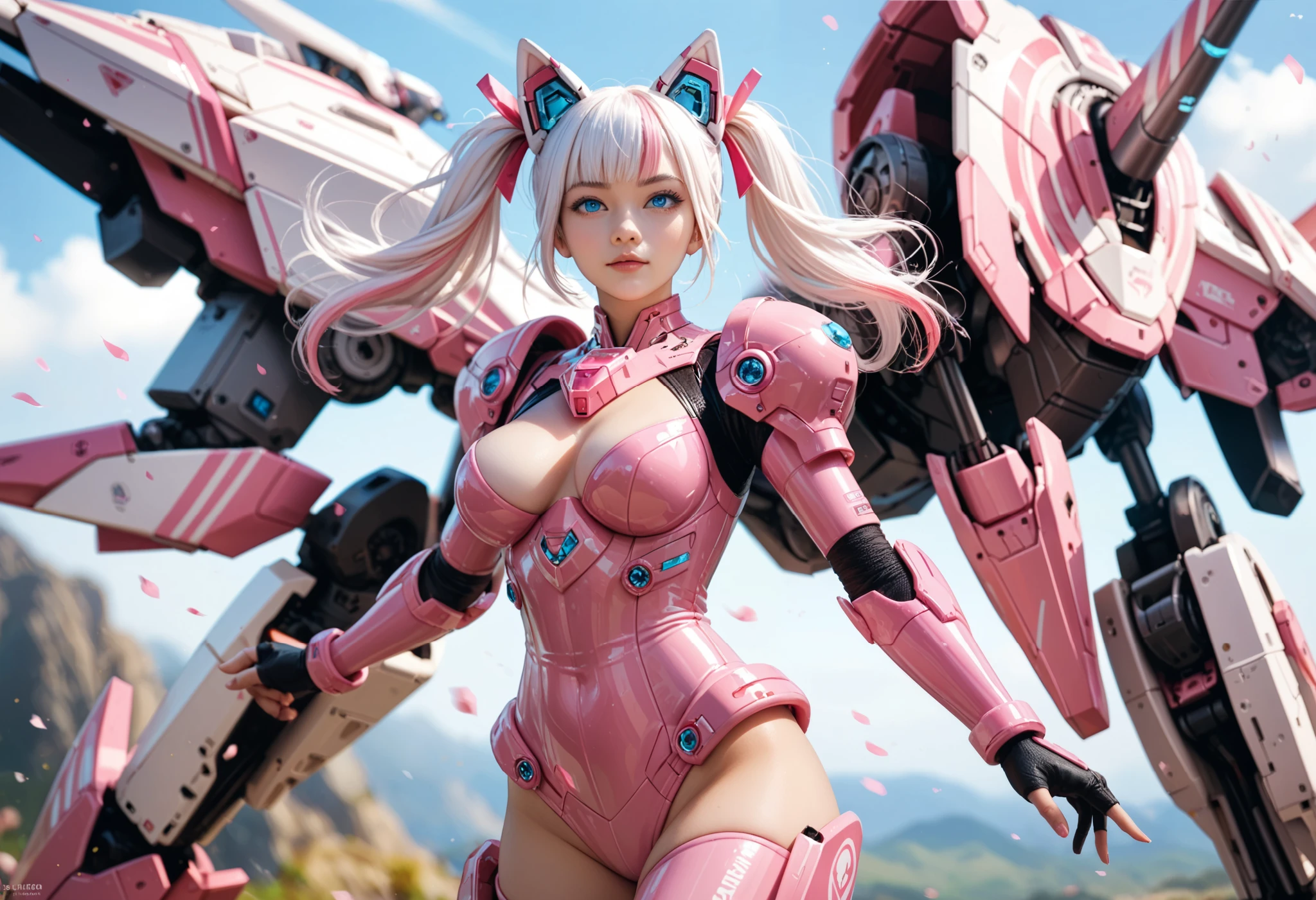 ((best quality)), ((masterpiece)), (detailed), perfect face. White hair. Short hair. Anime girl. Pink eyes. Nekomimi. Mecha. Spread legs.